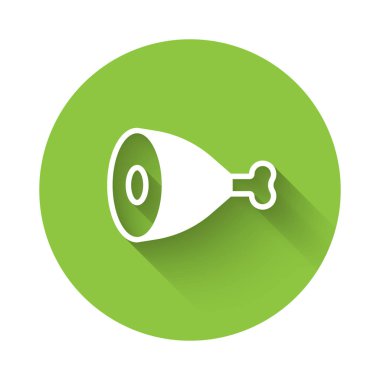 Beyaz Tavuk bacak ikonu uzun gölge arkaplanı ile izole edilmiş. Tavuk budu. Yeşil daire düğmesi. Vektör.