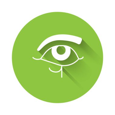 Horus 'un Beyaz Gözü simgesi uzun gölge arkaplanı ile izole edilmiş. Eski Mısır tanrıçası Wedjet korunma, kraliyet gücü ve sağlığın sembolü. Yeşil daire düğmesi. Vektör.