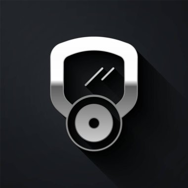 Gümüş Gaz maskesi simgesi siyah arkaplanda izole edildi. Solunum cihazı işareti. Uzun gölge tarzı. Vektör.