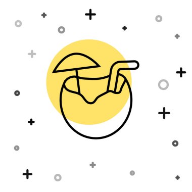 Beyaz arka planda siyah çizgi Hindistan cevizi suyu egzotik kokteyl ve şemsiye ikonu izole edilmiş. Rastgele dinamik şekiller. Vektör.