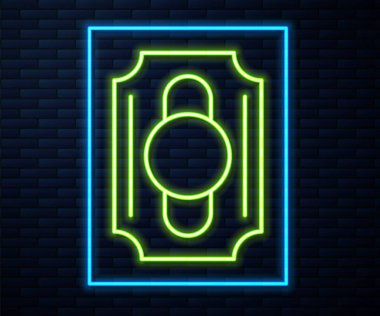 Parlayan neon hattı sirk bileti ikonu tuğla duvar arkasında izole edildi. Eğlence parkı. Vektör.