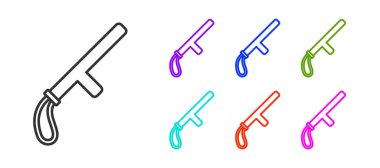 Siyah çizgi polis kauçuk çubuk simgesi beyaz arka planda izole edildi. Kauçuk copu. Polis yarasası. Polis ekipmanları. Simgeleri renklendirin. Vektör.