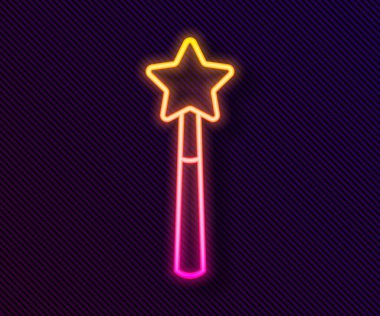 Parlayan neon hattı sihirli değnek simgesi siyah arkaplanda izole edildi. Yıldız şeklinde sihirli aksesuar. Sihirli güç. Mutlu Cadılar Bayramı Partisi. Vektör.