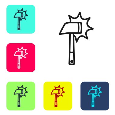 Beyaz arka planda siyah çizgi itfaiye baltası ikonu var. Yangın baltası. Renkli kare düğmelerle simgeleri ayarla. Vektör.