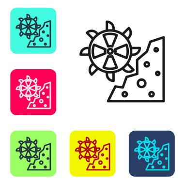 Beyaz arka planda siyah çizgi Bucket tekerlek kazıcı simgesi izole edildi. Renkli kare düğmelerle simgeleri ayarla. Vektör.