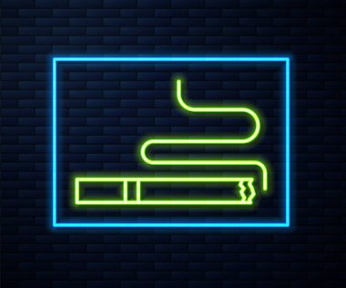 Parlayan neon hattı sigara simgesi tuğla duvar arkasında izole edilmiş. Tütün tabelası. Sigara içme sembolü. Vektör.