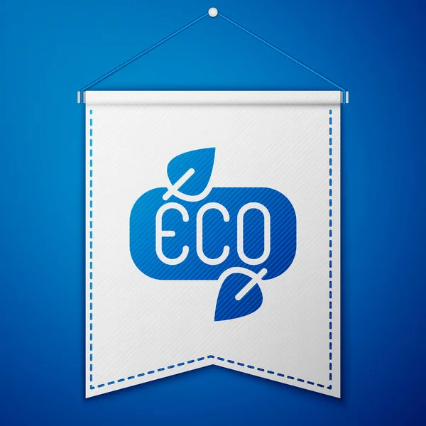 Blue Leaf Eco Symbol Icon Isolated Blue Background Banner Label — Διανυσματικό Αρχείο