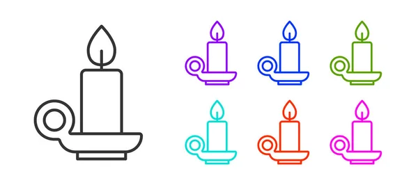 Línea Negra Vela Ardiente Icono Del Candelabro Aislada Sobre Fondo — Vector de stock