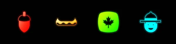 Set Acorn Kayak Canadian Maple Leaf Ranger Hat Icon Vetor —  Vetores de Stock