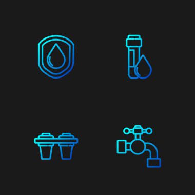 Su musluğu, filtre, su geçirmez ve su damlası ile test tüpü ayarlayın. Renk simgeleri. Vektör.