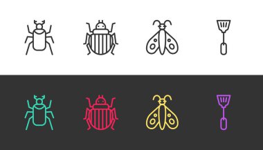 Çizgi Böcek, Colorado böceği, Kelebek ve Sinek eziciyi siyah ve beyaza ayarla. Vektör.