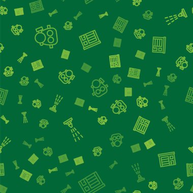 Gaz maskesi, yangın fıskiyesi ve itfaiye binasını sorunsuz bir şekilde ayarlayın. Vektör.