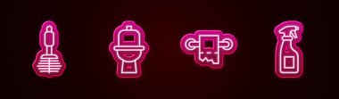 Sıra halinde tuvalet fırçası, kase, kağıt rulo ve temizlik spreyi şişesi. Parlayan neon ikonu. Vektör.