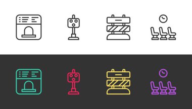 Bilet almak için bilet gişesi, trafik ışığı, tren raylarının sonu ve bekleme odası ayarlayın. Vektör.