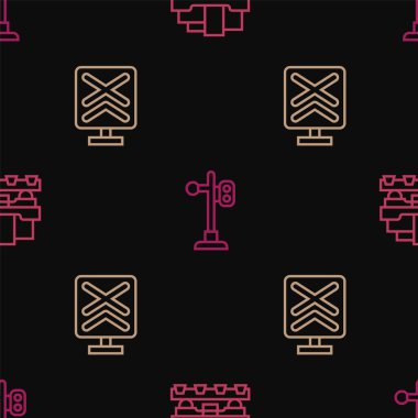 Yük vagonunu, demiryolu geçidini ve tren trafik ışıklarını kusursuz şekilde ayarlayın. Vektör.