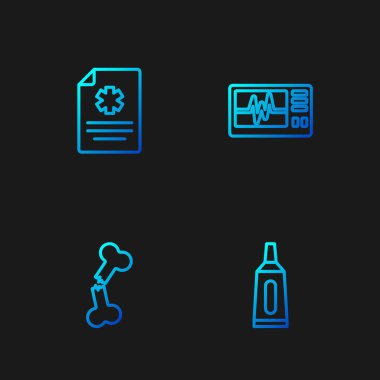 Merhem krem tüpü ilacı, kırık insan kemiği, klinik kayıt ve kardiyogramlı monitör. Renk simgeleri. Vektör.