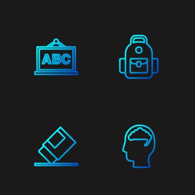 İnsan beyni, silgi ya da kauçuk, karton tahta ve okul çantası. Renk simgeleri. Vektör.