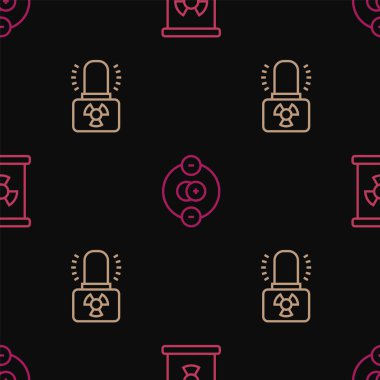 Radyoaktif atığı varile, uyarı lambasına ve Atom 'u kusursuz desene ayarlayın. Vektör.