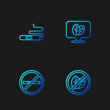 Tütün yaprağı yok. Puro ve tütün içiyor. Renk simgeleri. Vektör.