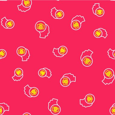 Çizgi fotoğraf makinesi simgesi kırmızı arkaplanda izole edilmiş kusursuz desen. Foto kamera. Dijital fotoğrafçılık. Vektör.