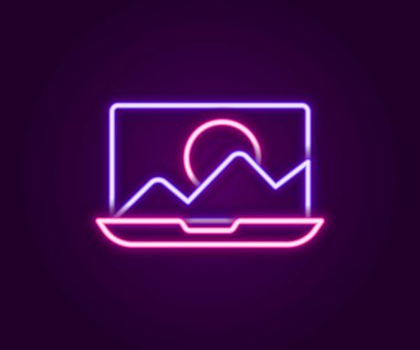 Parlayan neon hattı Fotoğraf rötuşlama simgesi siyah arkaplanda izole edildi. Fotoğrafçı, fotoğrafçılık, rötuş ikonu. Renkli taslak konsepti. Vektör.