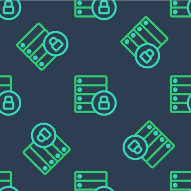 Kapalı asma kilit simgesine sahip Line Server güvenliği mavi arkaplanda izole edilmiş kusursuz desen. Veritabanı ve kilit. Güvenlik, güvenlik, koruma kavramı. Vektör.