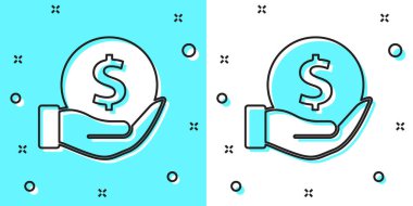 Yeşil ve beyaz arka planda siyah çizgi Para ve kalkan simgesi izole. Sigorta konsepti. Güvenlik, güvenlik, koruma, konsept koruma. Rastgele dinamik şekiller. Vektör.