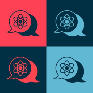 Pop Art Atom simgesi renk arkaplanında izole edildi. Bilimin, eğitimin, nükleer fiziğin, bilimsel araştırmaların sembolü. Vektör.