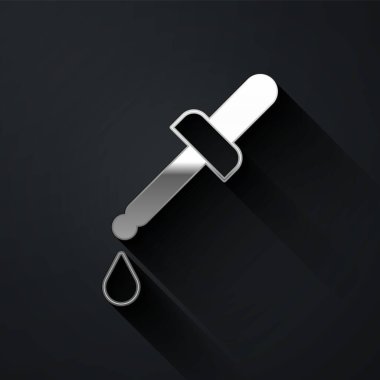 Silver Pipette simgesi siyah arkaplanda izole edilmiş. Tıbbi elementler, kimya laboratuarı ekipmanları. Tıp sembolü. Uzun gölge tarzı. Vektör.