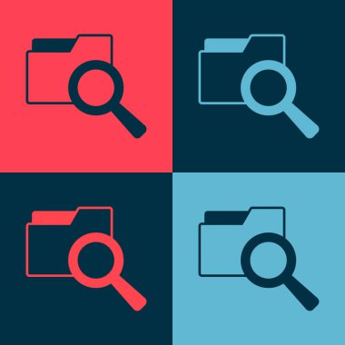 Renk arkaplanında klasör simgesi olan pop sanat arama kavramı. Büyüteç ve belge. Veri ve bilgi işareti. Vektör.