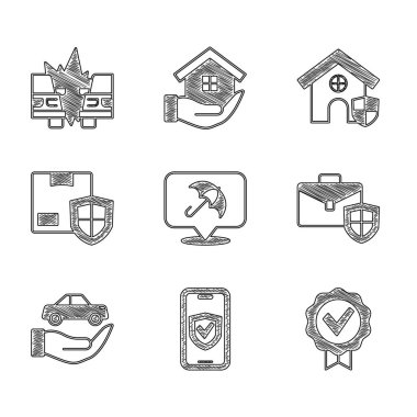 Şemsiye Sigortası Onaylandı ve işaretli evrak çantasında SHIELD Araba Sigorta Teslimat Evi ve kaza ikonu var. Vektör.