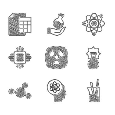 Radyoaktif Atom Laboratuvarı cam patlayıcısını Molekül İşlemci İşlemcisi ve Hesap Makinesi simgesine yerleştir. Vektör.