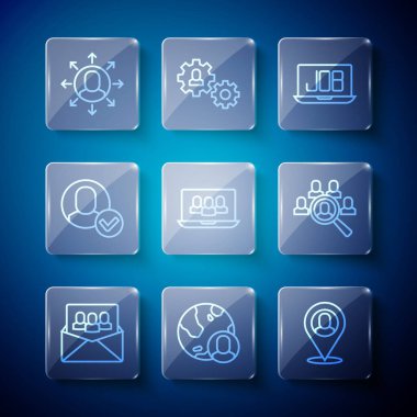 Line Project Team Zemin Küresi ve People Worker konumu Arama Görevi Çok Görev Yöneticisi arama simgesi için çalışıyor ve büyüteçleri ayarlayın. Vektör.