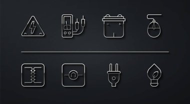 Hat Yüksek Voltajlı Elektrik Transformatörü Bilgisayar faresi Ohmmeter Ampere Ampmetre ampulünü yaprak ve araba aküsü ikonu ile doldur. Vektör.