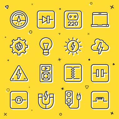Elektronik devre kondansatör Bulut ve şimşek elektrik prizi yaratıcı lamba fikri Gear metre ve Güneş enerjisi panel ikonu için hat indüktörü ayarlayın. Vektör.