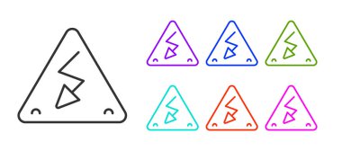 Siyah çizgi yüksek gerilim işareti simgesi beyaz arkaplanda izole edildi. Tehlike sembolü. Üçgendeki ok. Uyarı simgesi. Simgeleri renklendirin. Vektör.