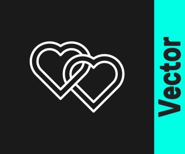 Beyaz çizgi İki Bağlı Kalpler simgesi siyah arkaplanda izole edildi. Romantik sembol, bağlanma, tutku ve düğün. Sevgililer Günü. Vektör.