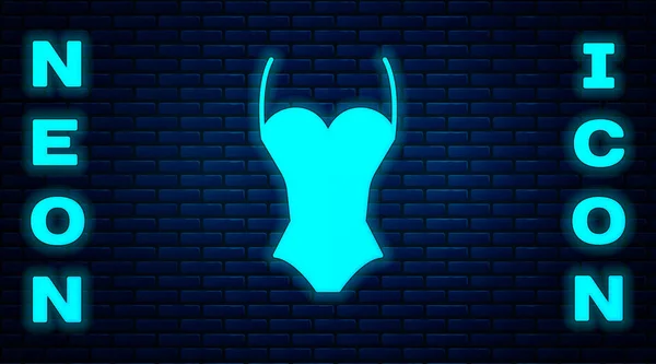 Glowing Neon Summer Beach Swimsuit Icon Isolated Brick Wall Background — Stock vektor