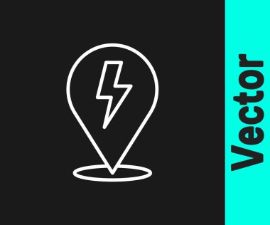 Beyaz çizgi Şimşek simgesi siyah arkaplanda izole edildi. Flaş işareti. Flaş ikonunu yükle. Gök gürültüsü. Yıldırım çarpması. Vektör.