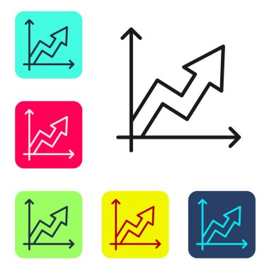 Siyah çizgi finansal büyüme ikonu beyaz arka planda izole edildi. Gelirleri arttırıyorum. Renkli kare düğmelerle simgeleri ayarla. Vektör.