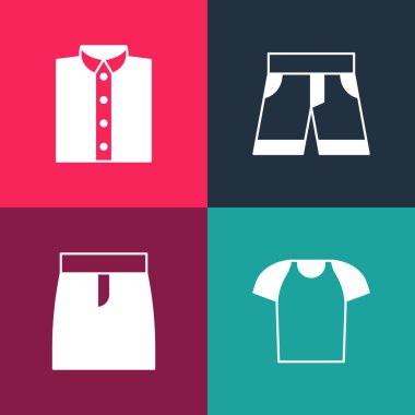 Pop sanat tişörtü etek şortu ya da pantolon ve tişört simgesini ayarla. Vektör.