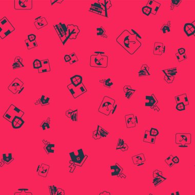 House ve Şimşek Arabası 'nı yıkılmış ağaç teslimatı yüzünden zarar gören kalkan ve Şemsiye' yi kusursuz bir şekilde yerleştirin. Vektör.