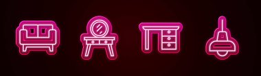 Soyunma masası masası masası ve lamba asma sırası ayarlayın. Parlayan neon ikonu. Vektör.