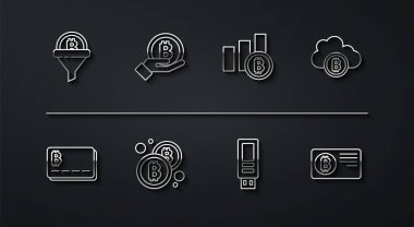 Hat Satış hunisini bitcoin kredi kartı Kripto para birimi bulut madenciliği USB flash disk bellek tutma ve Pie grafik ikonu ile ayarla. Vektör.