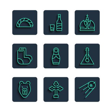 Ayının başı Christian Satellite King 'i geçiyor Rus bebek matryoshka Valenki Dumpling ve Balalaika ikonu. Vektör.