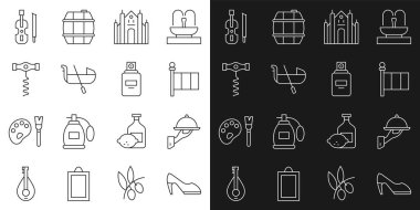 İtalyan Bayrağı, Milan Katedrali, Gondol Şarap, tirbuşon, keman ve parfüm ikonu ile kaplanmış kadın ayakkabısı. Vektör.