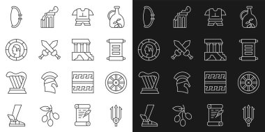 Çizgiyi Neptün Trident Eski Tahta Tekerlekli Parşömen Parşömen Parşömen Parşömeni Çapraz Orta Çağ Kılıcı Orta Çağ Yayı ve Parthenon ikonu. Vektör.