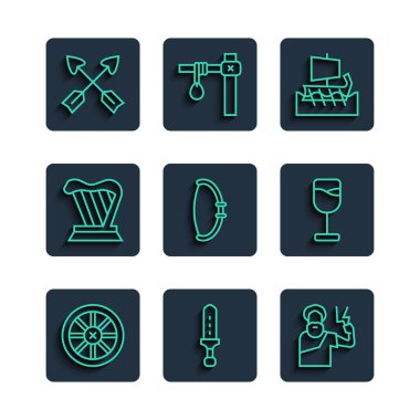 Eski ahşap tekerlek Ortaçağ kılıcı Zeus Yunan yayı çapraz oklar ve şarap cam ikonu. Vektör.