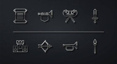 Parşömen parşömen parşömeni, Ortaçağ kalesi trompet oku ve bayrak mızrağı ve çapraz ortaçağ balta ikonu. Vektör.