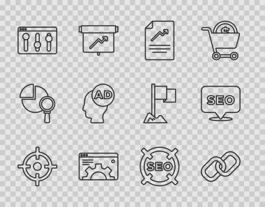 SEO optimizasyon ve simge reklamı ayarlayan grafik grafiği tarayıcısı ile Satır Hedef Zinciri bağlantı belgesini ayarla. Vektör.